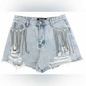 Blue B Collection embellished, high-rise, distressed denim shorts.
